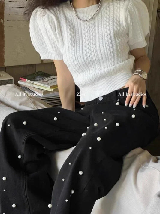 Jeans Coreanos corte recto con hermosos detalles de perlas