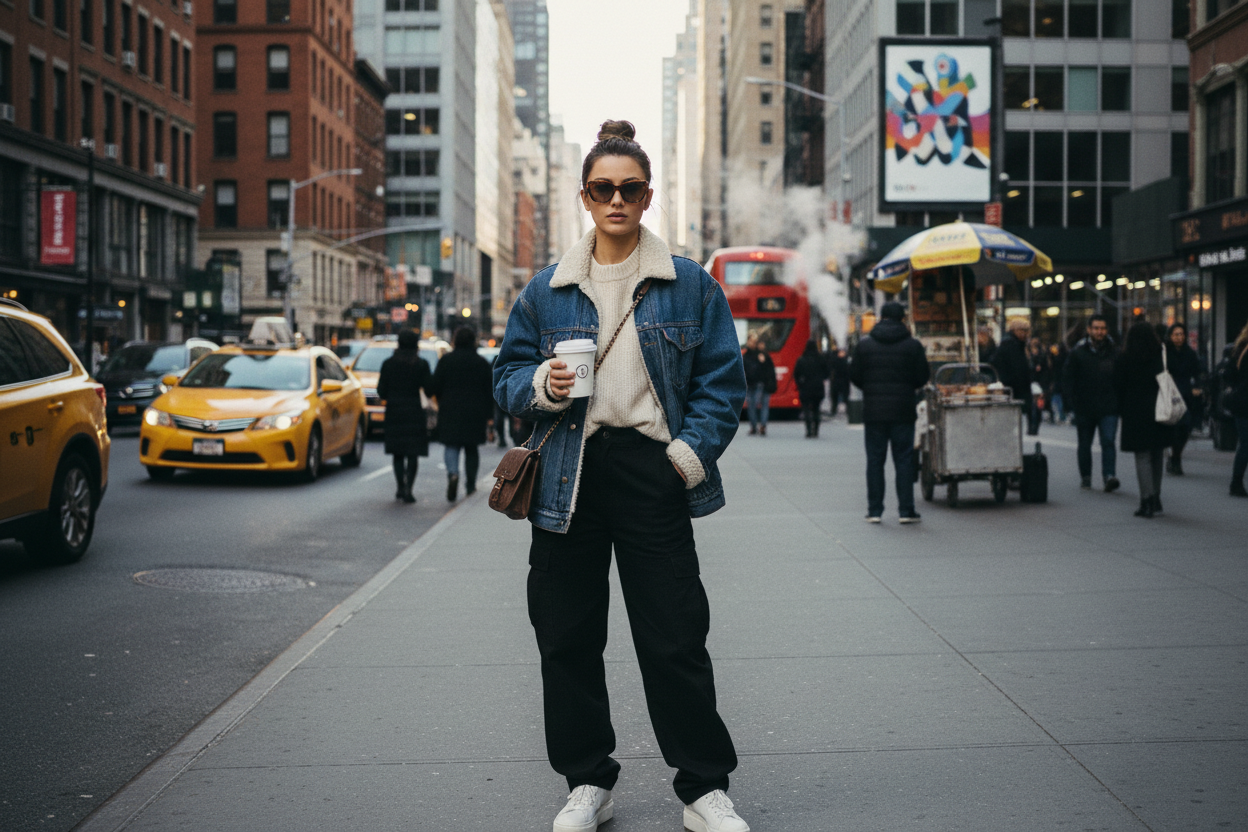 imagen de chica con ropa muy casual y moderna tomando un cafe en una calle de new york
